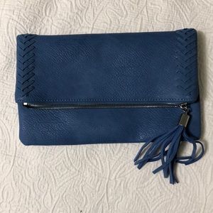 Blue leather clutch with chain strap